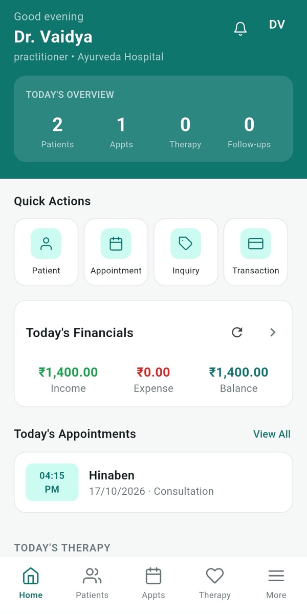 Ayumanager PRO Android app home screen with today's overview, quick actions, financials and appointments
