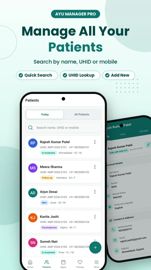 Ayumanager PRO app patient list with search by name, UHID or mobile